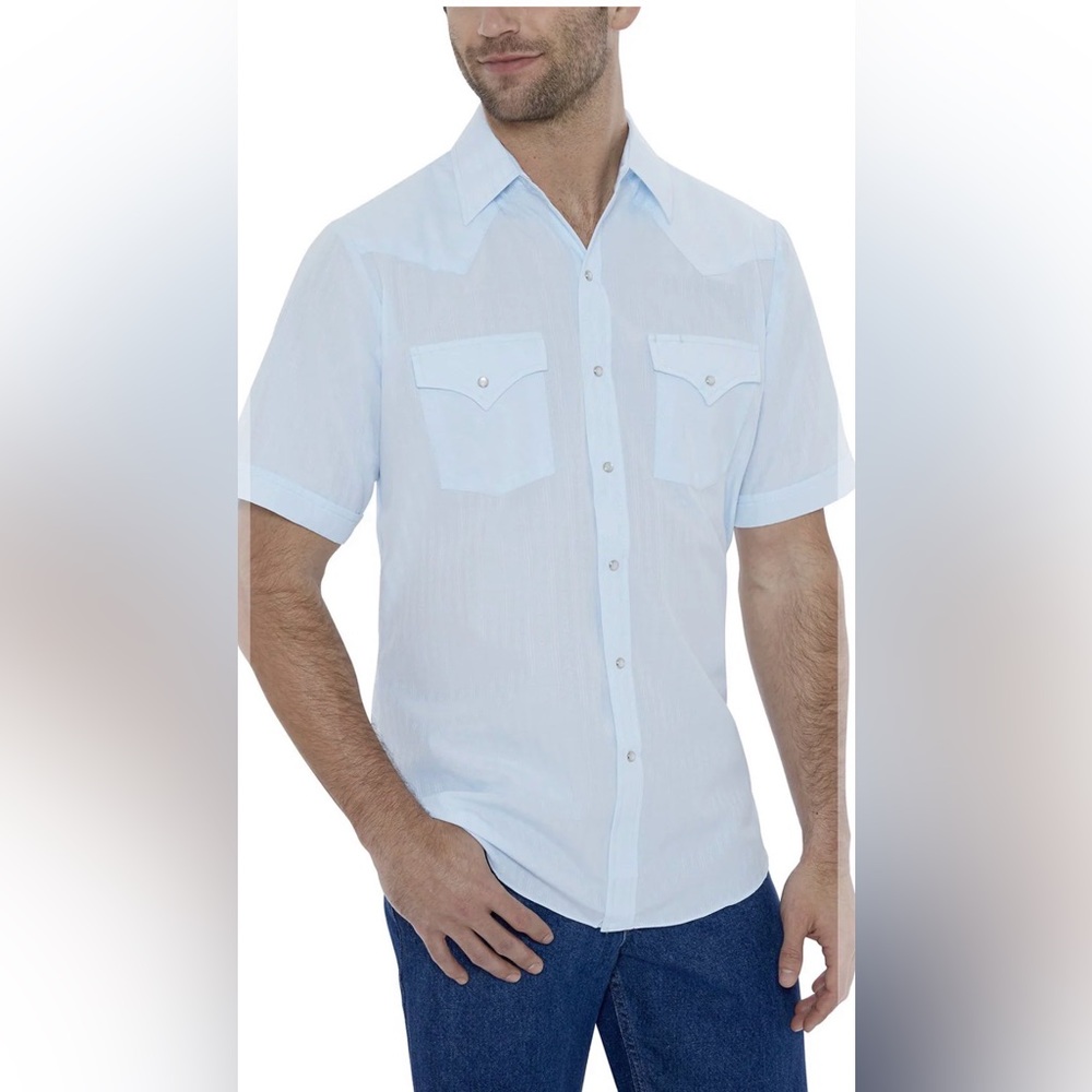 Ely Cattleman Light Blue Mens Short Sleeve Tone on Tone Western Pearl Snap Shirt